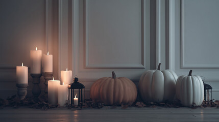 Minimalist Halloween interior with pumpkins and candles