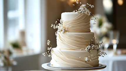 Elegant three tiered wedding cake decorated with white baby breaths