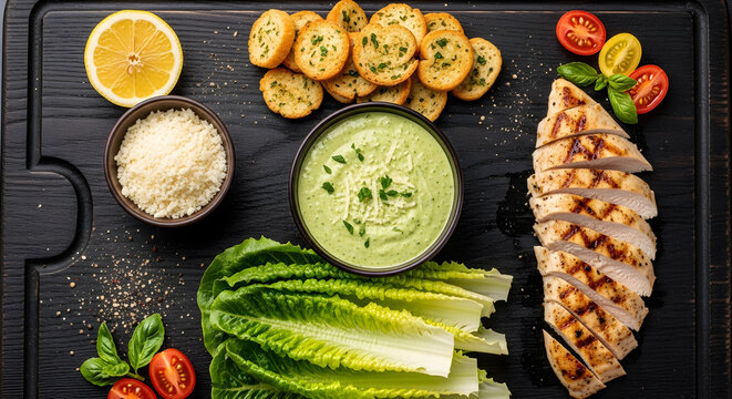 Grilled chicken caesar salad ingredients arranged beautifully on dark wood cutting board, perfect for vibrant food photography, healthy eating concepts, and delicious meal prep ideas