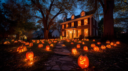 Hand-carved pumpkins glowing in a suburban front yard
