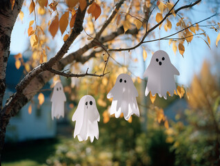 DIY paper ghosts hanging from a tree in daylight