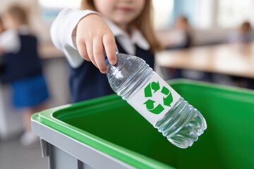 Schoolgirl recycling plastic bottle in classroom