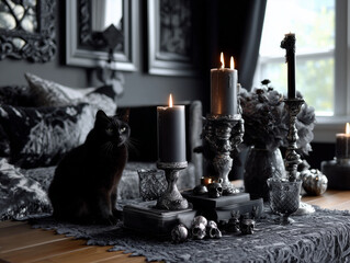 Elegant gothic Halloween home decor in monochrome