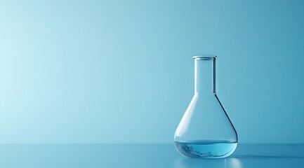 Clear Erlenmeyer flask on light blue background