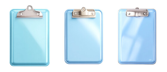 3D render Three blue clipboards with shiny metal clips isolated on transparency PNG background, ideal for educational or office-themed designs, Use for promoting organizational tools, school supplies
