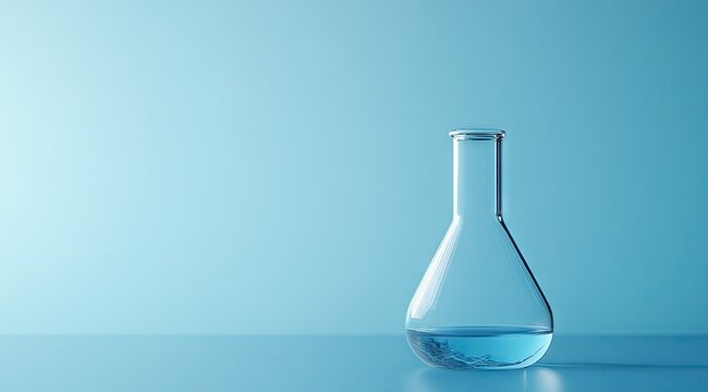 Clear Erlenmeyer flask on light blue background