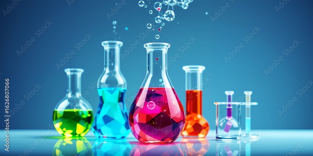 Poster colorful liquids in laboratory flasks with bubbling liquid and molecular structures above