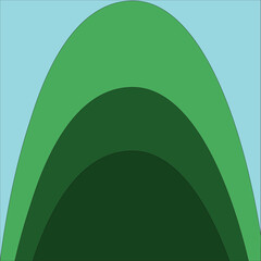 Minimalist landscape with layered green arch shapes representing rolling hills or forest canopies, set against a soft blue sky background, vector-style abstract art

