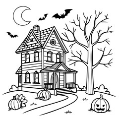Spooky haunted house coloring page featuring ghosts, bats, and pumpkins, perfect for halloween enthusiasts of all ages vector illustration of black and white coloring page