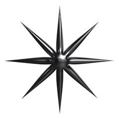 Large 3D star with eight thick and sharp arms, combining mass and precision. Chrome texture enhances the visual weight and space-age appeal.