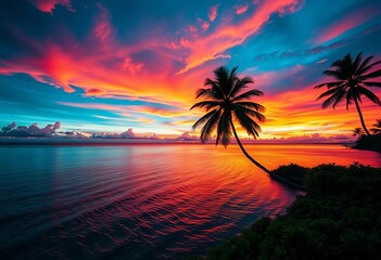 Serene sunset paints vibrant hues across a lush lagoon, palm trees silhouetted against fiery sky,  exotic,  water