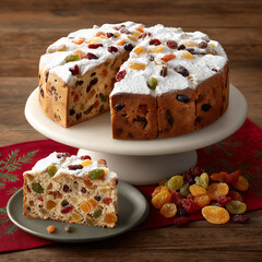 Festive Fruitcake with Powdered Sugar Topping on a Wooden Table Perfect for Holiday Celebrations and Christmas Gatherings