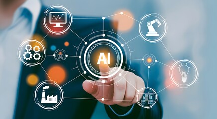 AI Technology at Your Fingertips: An innovative depiction of an individual interacting with an Artificial Intelligence (AI) interface, showcasing interconnected technological components. 