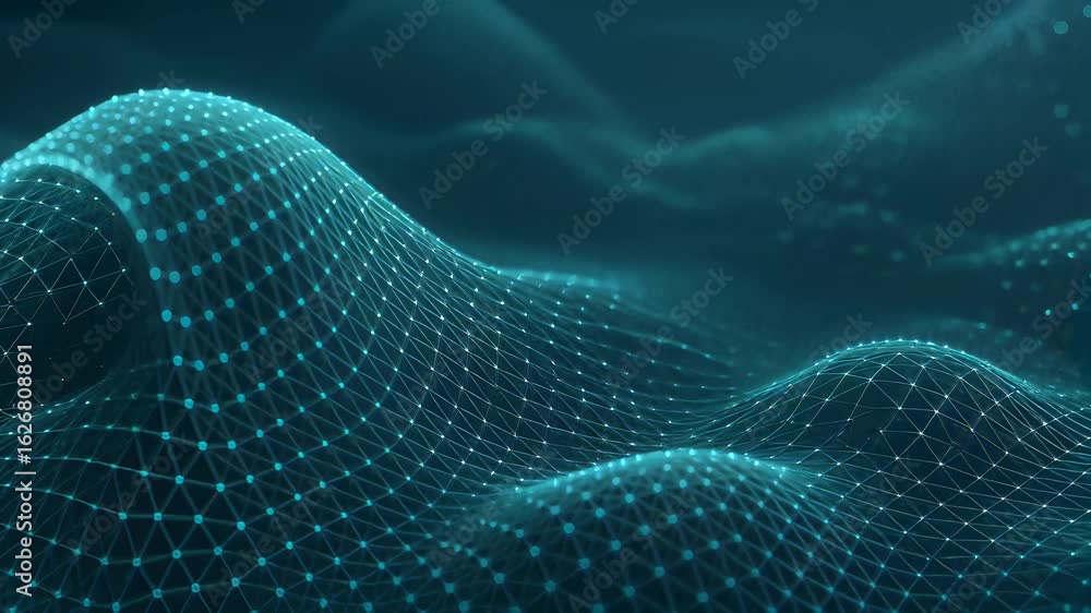 Poster exploring smooth flowing motion in a digital landscape of interconnected technology