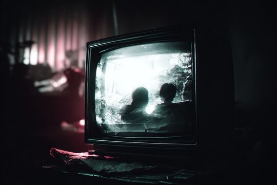 Old Analog TV with Static and Reflections of Figures in Dark Room, Vintage Style, Red Accents, Moody, Atmospheric, Close-up