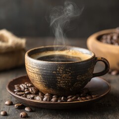 Fototapeta premium Steam rising from a dark cup of coffee, surrounded by coffee beans and burlap