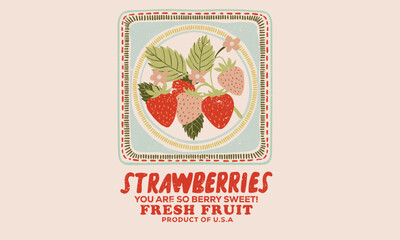 Naklejka na ściany i meble Sweet berry fruit club print design. Sweet and juicy strawberry t shirt artwork. Fruit of the spirit.