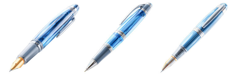 Naklejka premium Three elegant blue pens with metallic accents isolated on transparency PNG background, displayed , Suitable for office, writing, education, or promotional material visuals