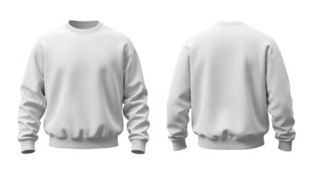 Blank white sweatshirt mockup with long sleeves, shown in front and back view. Isolated on transparent background, png