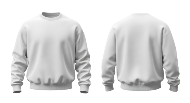Blank white sweatshirt mockup with long sleeves, shown in front and back view. Isolated on transparent background, png