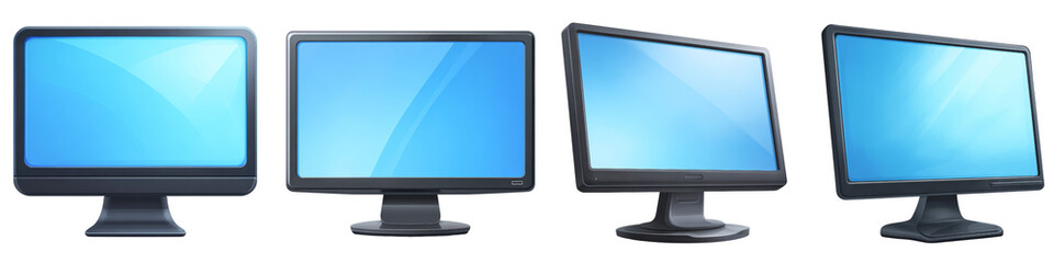 Fototapeta premium 3D render Four sleek computer monitors with blue screens arranged in a row, Ideal for tech highlights isolated on transparency PNG background, digital content, or office-related themes