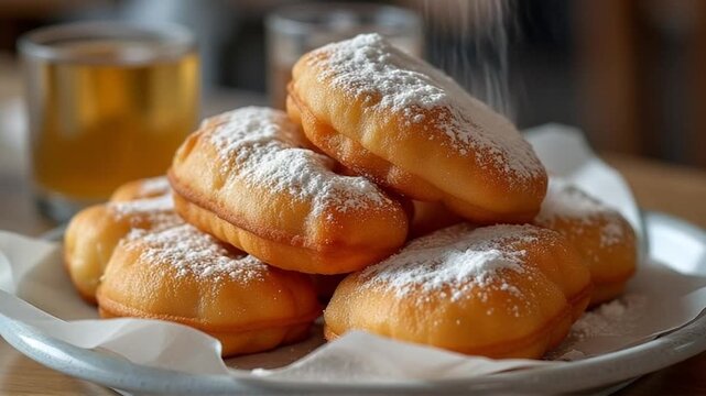 Freshly fried beignets being dusted with powdered sugar