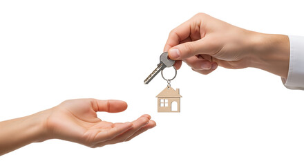 Real estate agent's hand giving house keys to a new homeowner. Isolated on transparent background, png