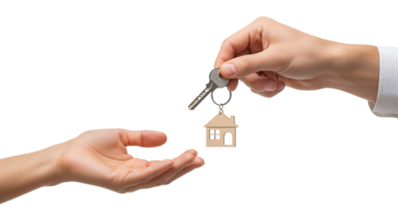 Real estate agent's hand giving house keys to a new homeowner. Isolated on transparent background, png