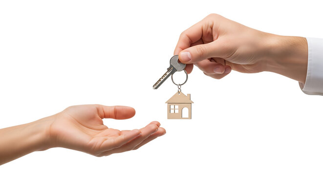 Real estate agent's hand giving house keys to a new homeowner. Isolated on transparent background, png
