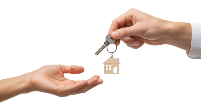 Real estate agent's hand giving house keys to a new homeowner. Isolated on transparent background, png