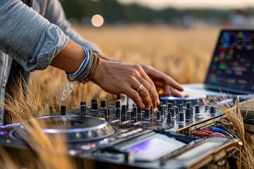 DJ performing at sunset in a golden wheat field using turntables and a laptop setup