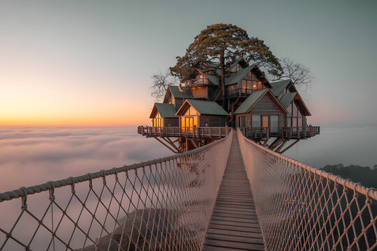 Fototapeta Photo of wooden treehouse on a tree with a rope bridge during a beautiful sunrise