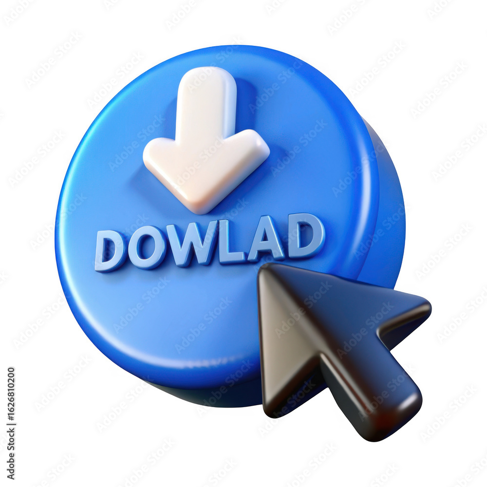 Poster 3d download button with cursor isolated on transparent background