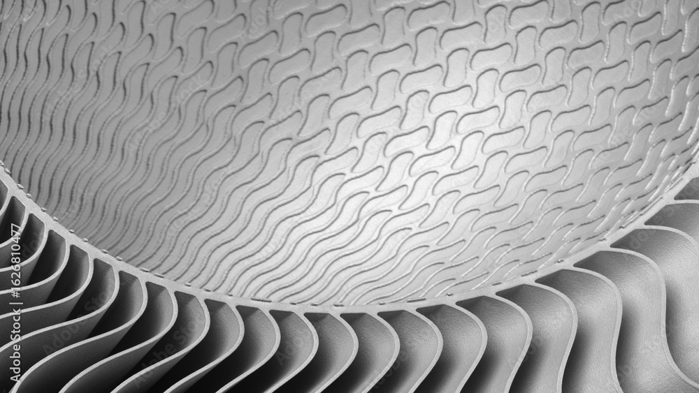 Poster metal piece with a pattern created by a 3d printer. lines are arranged in a spiral pattern, creating