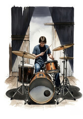 A Drummer's Solitude - A single drummer sits behind his drum kit, lost in rhythm and concentration. The symbolizes passion, dedication, musical expression, and artistic solitude.
