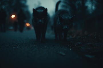 Two Black Cats Walking on Road, Streetlight and Silhouetted People in Background, Dark, Eerie, Close-Up Shot, Low Angle View