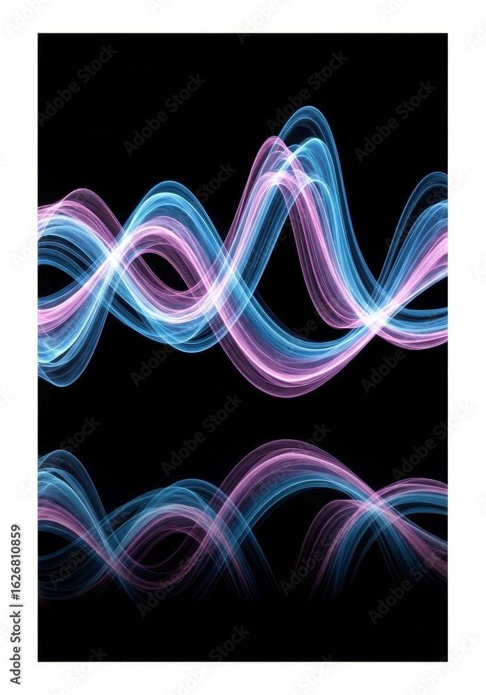 Poster abstract wavy lines design - elegant flowing blue and pink lines on a black background, creating a m
