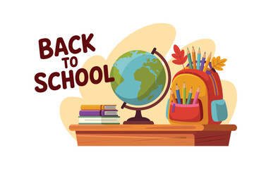 Colorful Back to School Illustration with Globe, Books, Backpack, and Pencils on a Desk for Educational Themes and Learning Materials