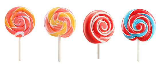 3D render Colorful swirl lollipops  evoke sweetness and childhood nostalgia, Ideal for candy shops isolated on transparency PNG background, confectionery ads, or playful themes