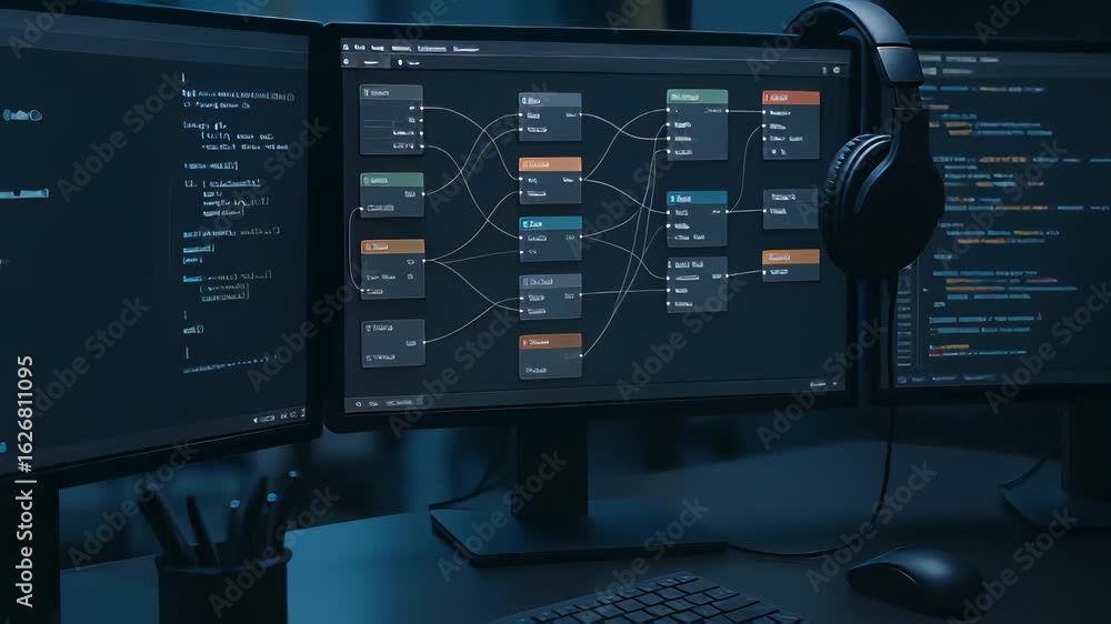 Poster exploration of a dimly lit workspace filled with advanced technology and coding activities at night