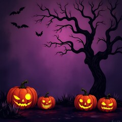 Spooky Halloween Haunted Mansion with Creepy Pumpkins and Full Moon Night Scene