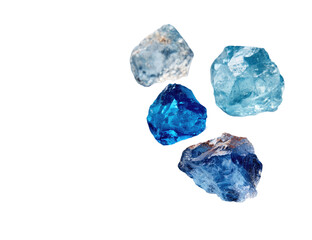 Fototapeta premium Four rough-hewn, light-to-deep blue gemstones, arranged in a loose cluster against a black background. The stones show a variety of textures and hues within their blue tones