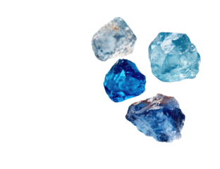 Four rough-hewn, light-to-deep blue gemstones, arranged in a loose cluster against a black background.  The stones show a variety of textures and hues within their blue tones