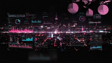 Futuristic Cityscape with Data Visualization and Glowing Lights. - Powered by Adobe