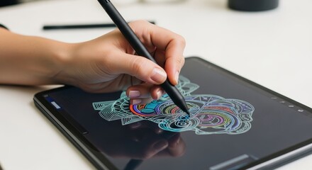 Artist Using Stylus on Tablet - Close-up of a hand using a stylus to create colorful art on a tablet. Modern technology and creative process