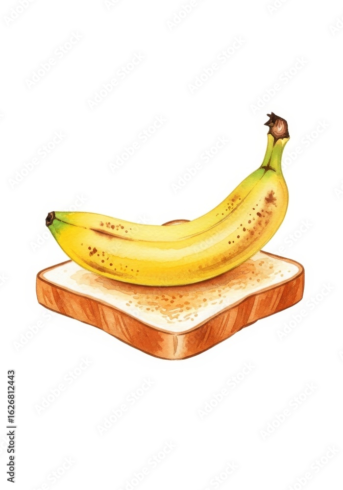 Poster banana on toast - a ripe banana rests atop a slice of toasted bread. a simple yet appealing