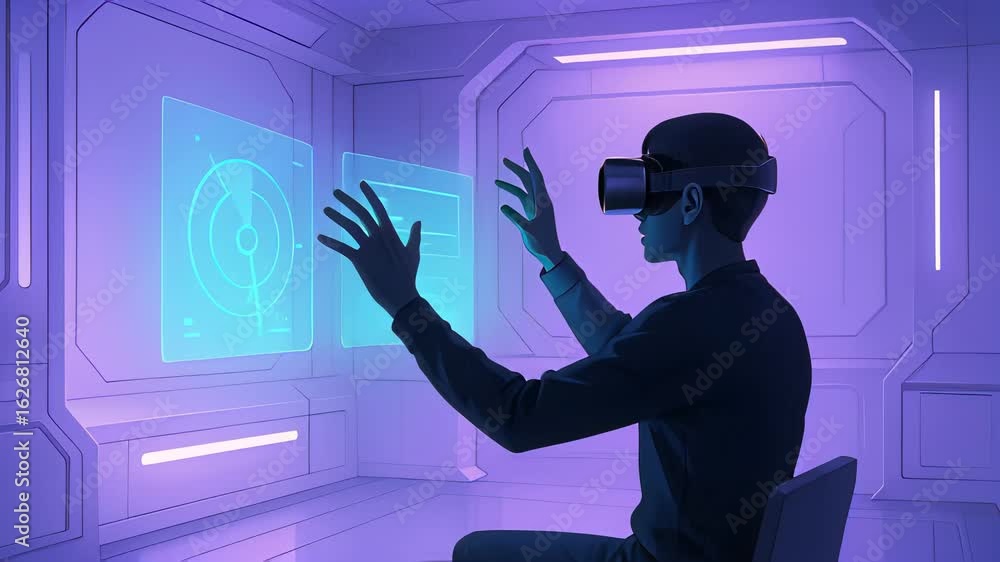 Poster explore immersive virtual reality as a person interacts with digital interfaces in a futuristic envi
