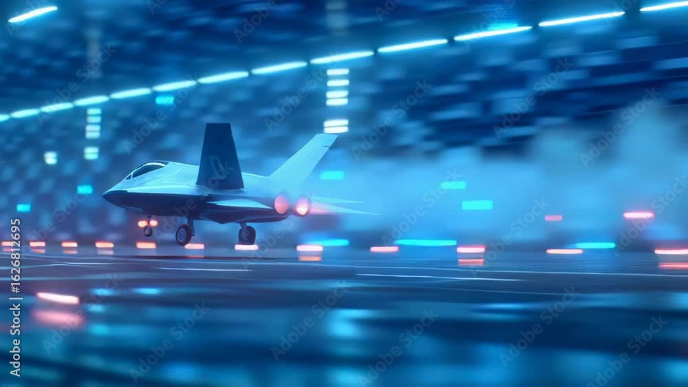 Aufkleber modern fighter aircraft positioned on illuminated runway with blue digital background. sleek aerodyn