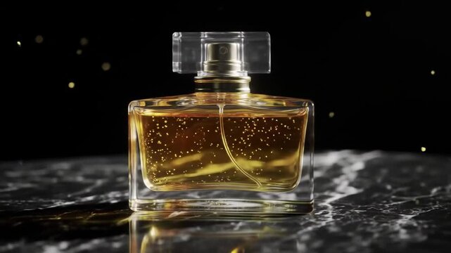 Elegant Perfume Bottle on Marble with Gold Accents, Luxurious Fragrance