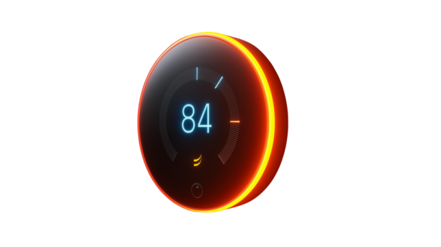 Smart thermostat with digital display and glowing orange edge. Transparent PNG.Modern temperature control device isolated on white. for UI or ads Isolated on transparent background, png